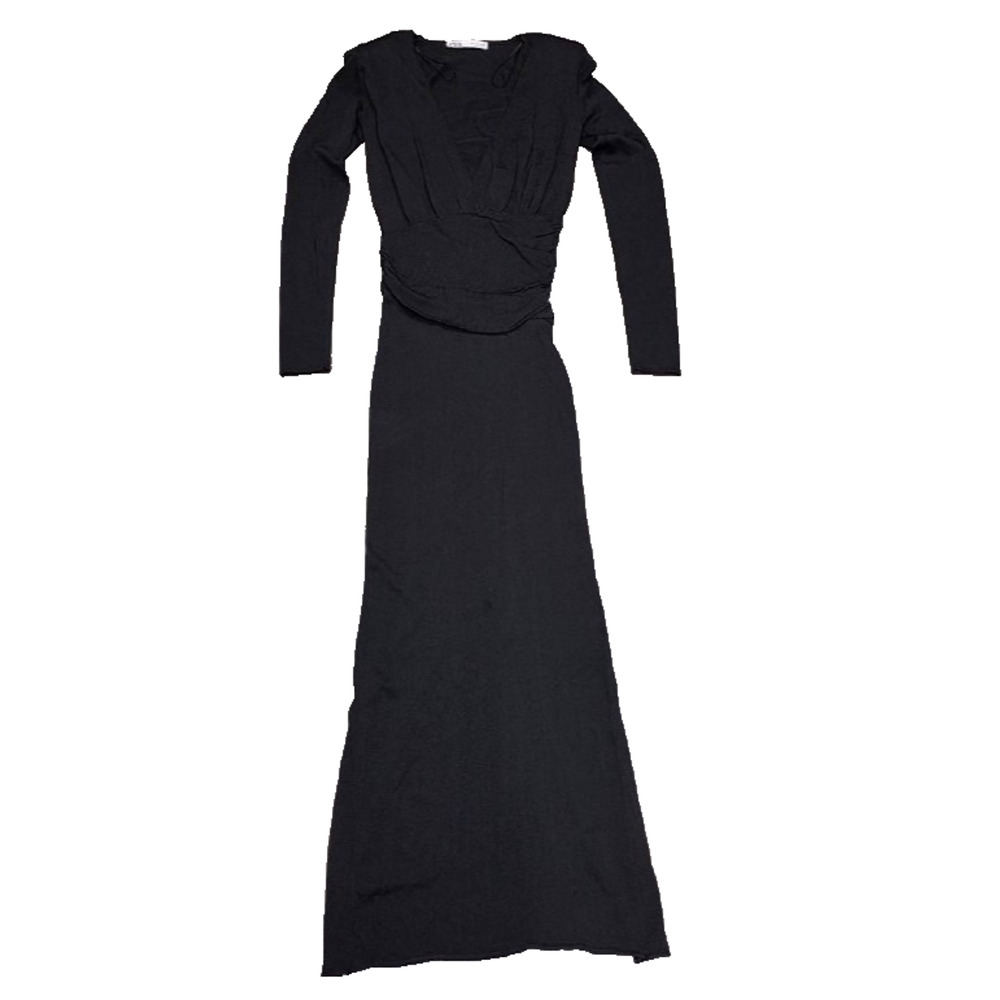 ZARA BLACK LONG GATHERED WAIST V-NECK KNIT DRESS WITH SHOULDER PADS S A005697 - Picture 2 of 9